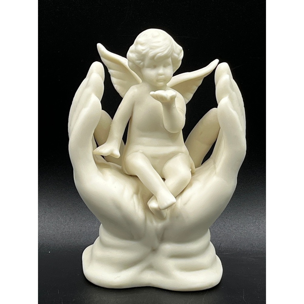 Vtg Matte White Porcelain Bisque Angel Cherub in Hands Figurine Sculpture 4.5"